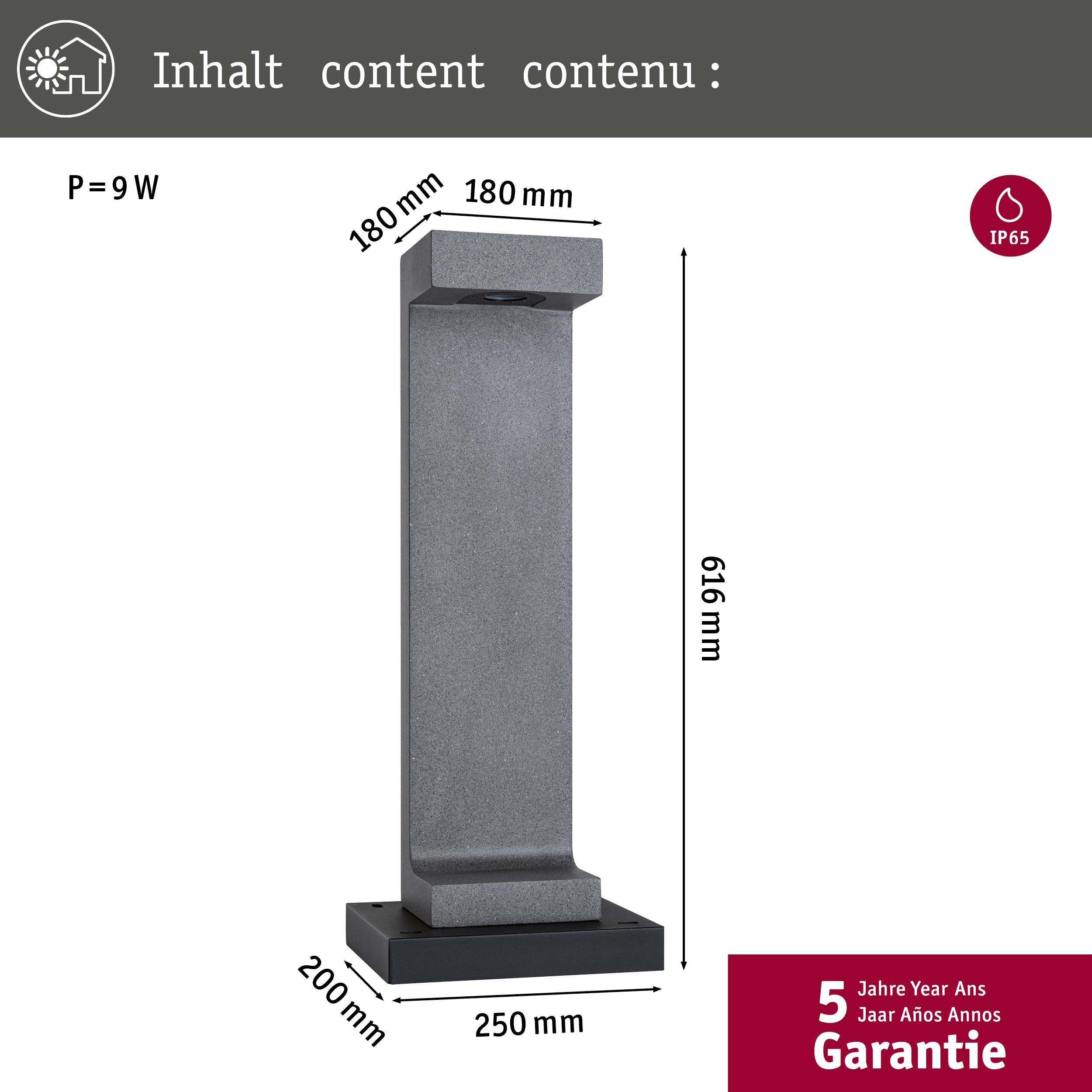 'Luminaire extérieur gris, hauteur 616 mm, largeur 250 mm, consommation énergétique 9 W, indice de protection IP65, garantie de 5 ans.'
