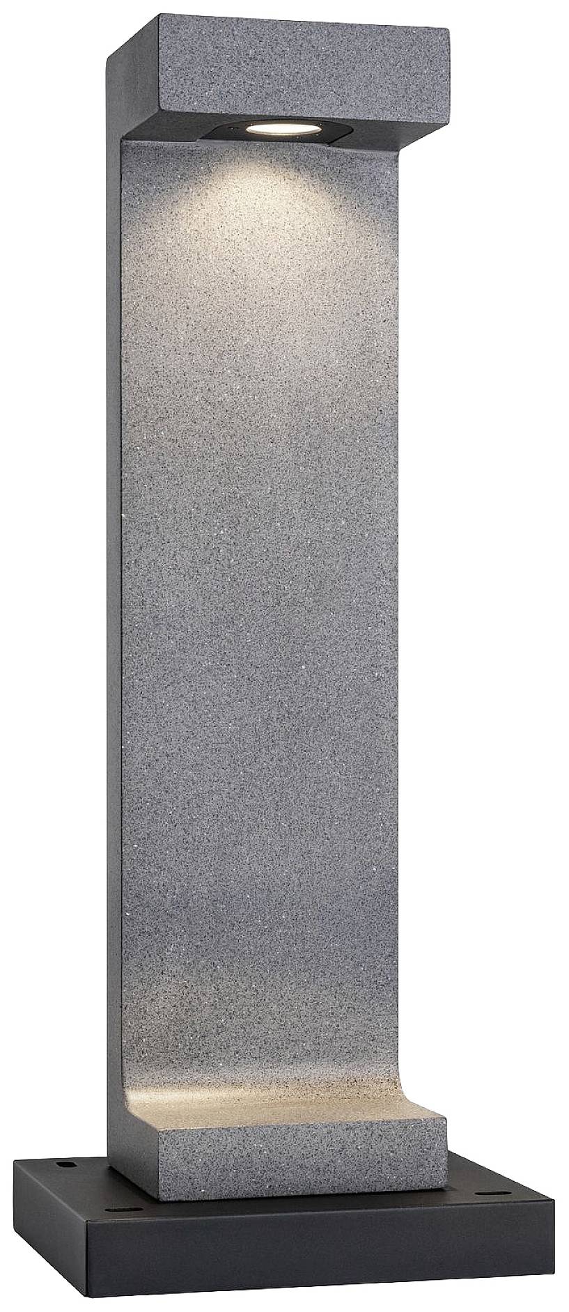 Une lampadaire moderne, rectangulaire, avec une finition grise, semblable à de la pierre, et un éclairage intégré en haut et en bas sur un socle noir.