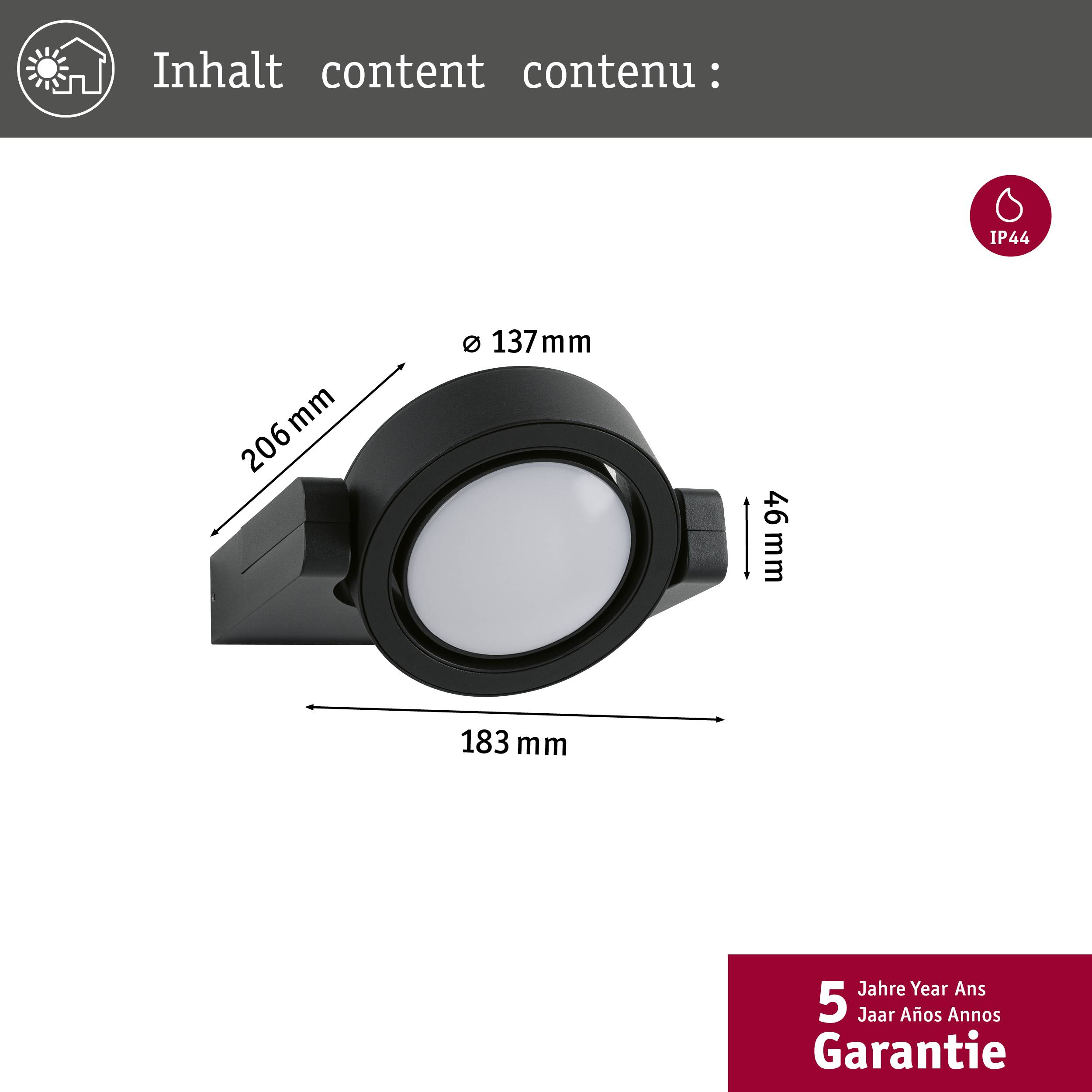 Plafonnier LED en noir avec les dimensions suivantes : diamètre 137 mm, largeur 183 mm, longueur 206 mm, hauteur 46 mm ; 5 ans de garantie.