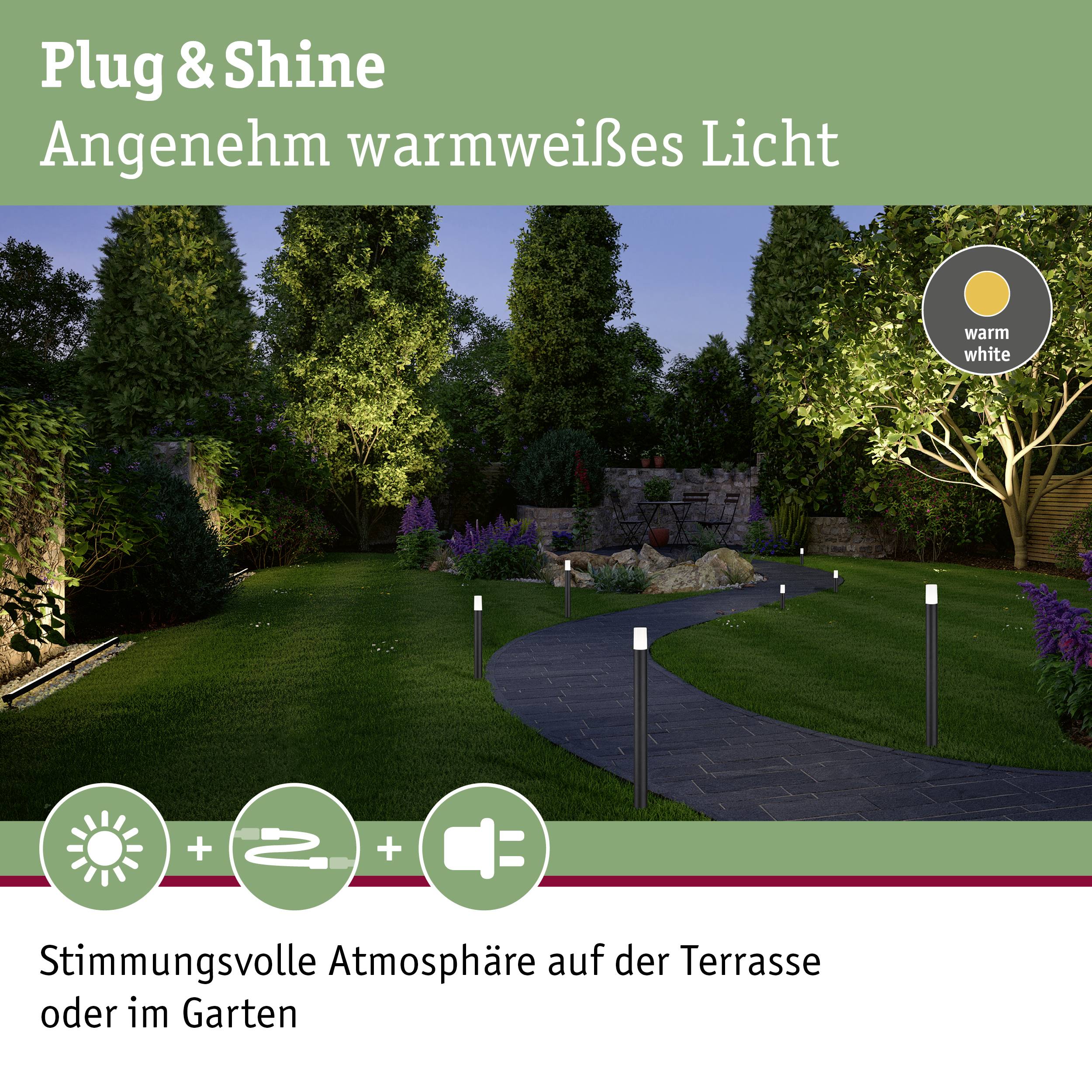 Chemin de jardin éclairé avec des lumières blanc chaud, entouré d'arbres et d'arbustes. Texte : 'Ambiance chaleureuse sur la terrasse ou dans le jardin.'