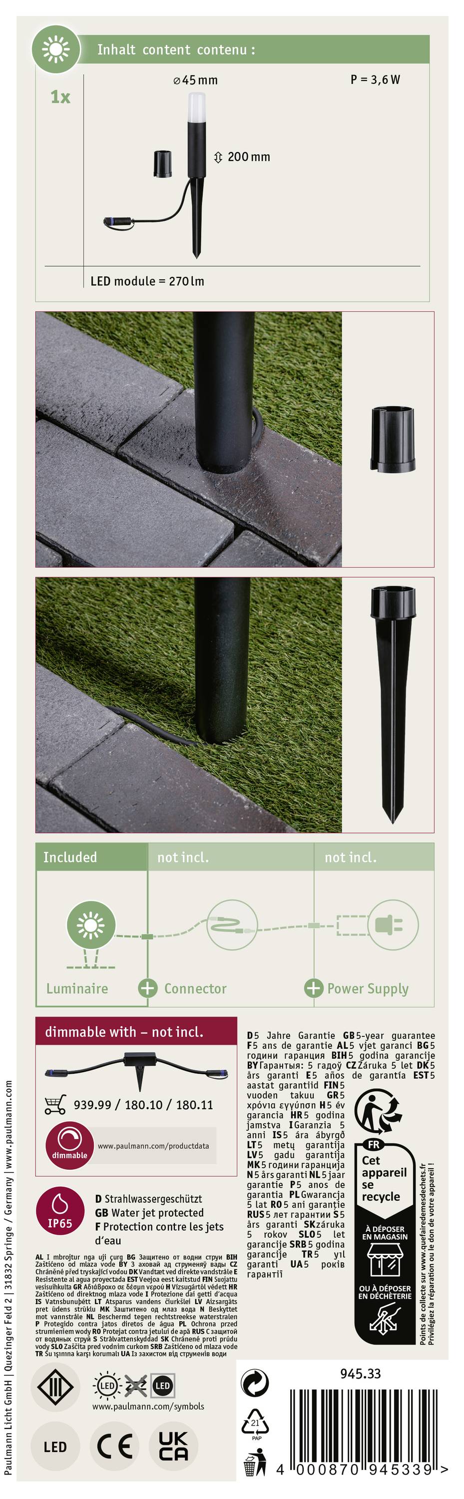 Emballage d'un luminaire de jardin : Contient 3 lampes LED noires de 200 mm avec piquet de terre. Comprend un module LED, un connecteur et une alimentation électrique.