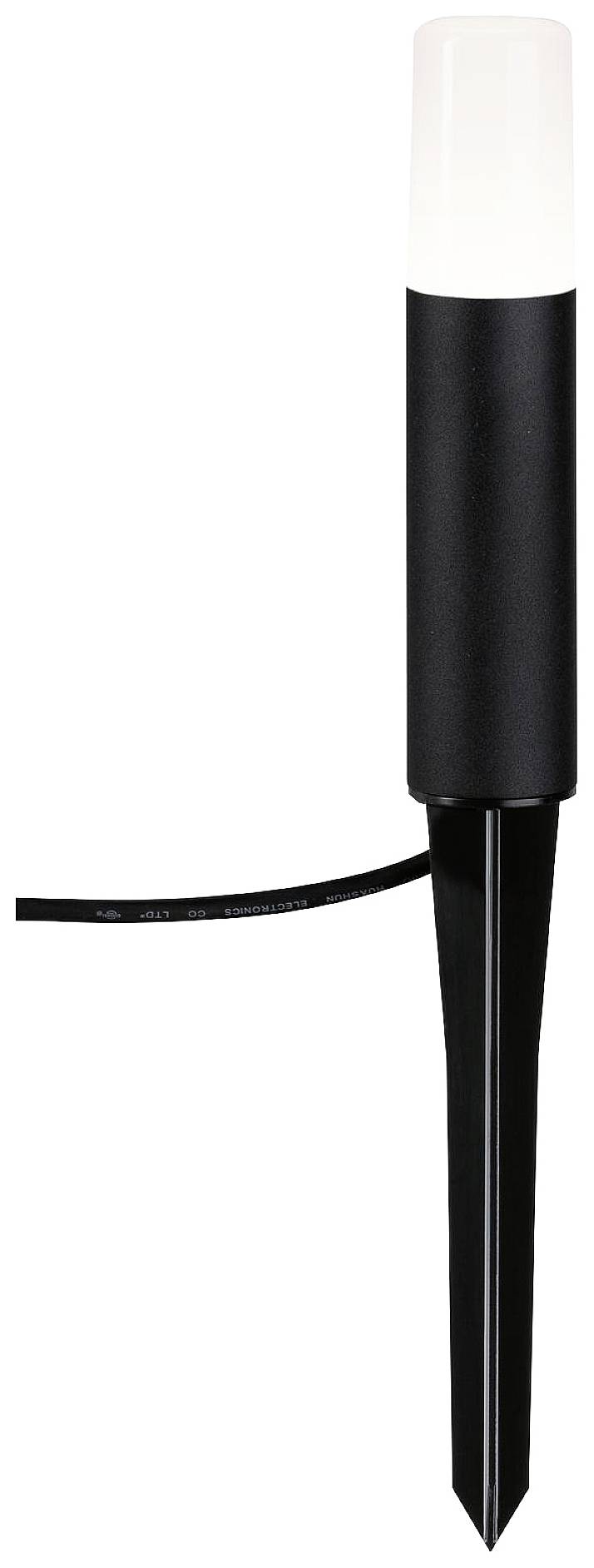 Lampadaire de jardin avec socle noir et abat-jour blanc, fixé sur un piquet de terre. Idéal pour l'éclairage extérieur.