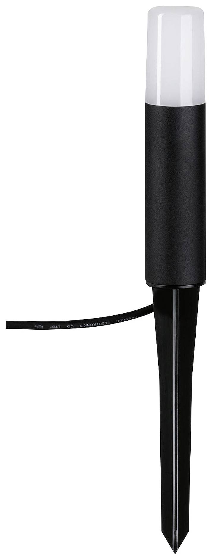 Un lampadaire de jardin noir avec une longue tige de terre et un abat-jour cylindrique blanc, adapté à l'éclairage extérieur.