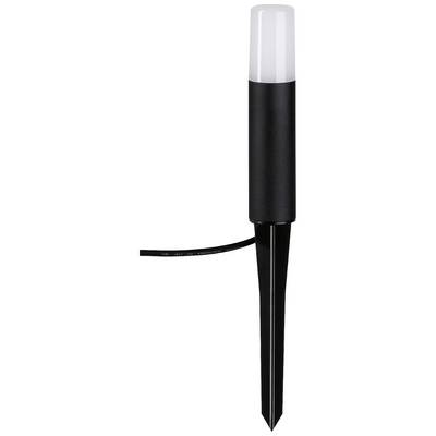 Un lampadaire de jardin noir avec une longue tige de terre et un abat-jour cylindrique blanc, adapté à l'éclairage extérieur.