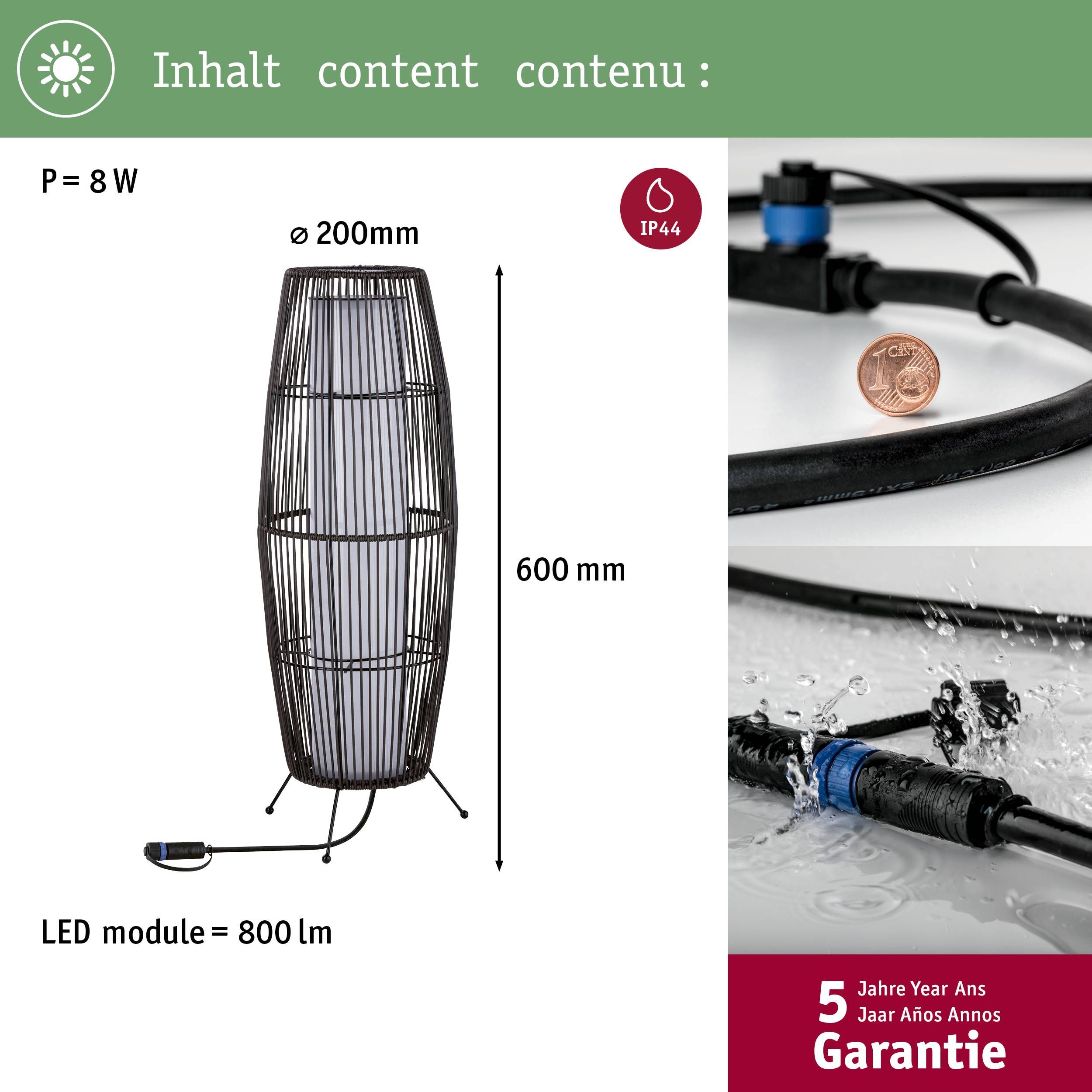 Applique extérieure ronde noire avec module LED, 800 lumens, 8 watts. Hauteur 600 mm, IP44, garantie de 5 ans incluse. L'image montre un détail.