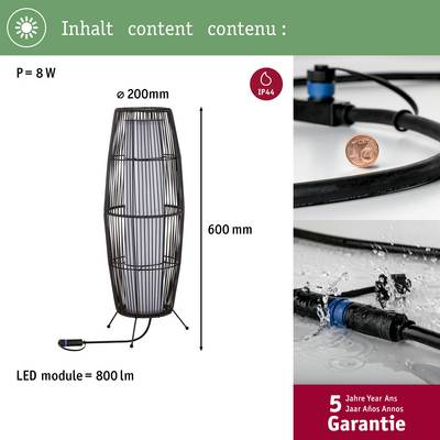 Applique extérieure ronde noire avec module LED, 800 lumens, 8 watts. Hauteur 600 mm, IP44, garantie de 5 ans incluse. L'image montre un détail.