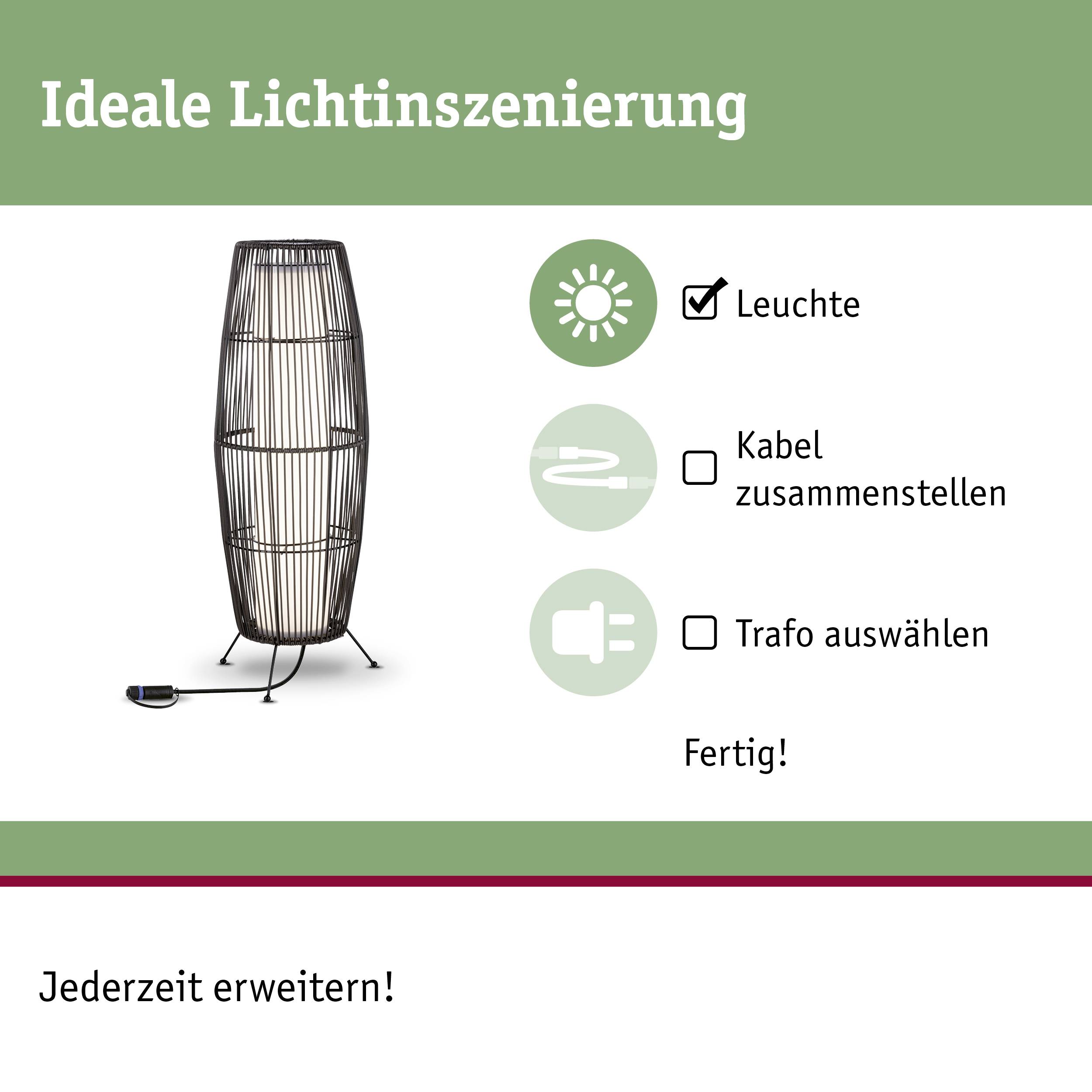 Une lampe avec instructions : 'Illuminer', 'Assembler le câble', 'Choisir le transformateur'. Texte : 'Mise en scène lumineuse idéale. Extensible à tout moment !'