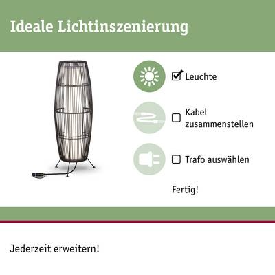 Une lampe avec instructions : 'Illuminer', 'Assembler le câble', 'Choisir le transformateur'. Texte : 'Mise en scène lumineuse idéale. Extensible à tout moment !'