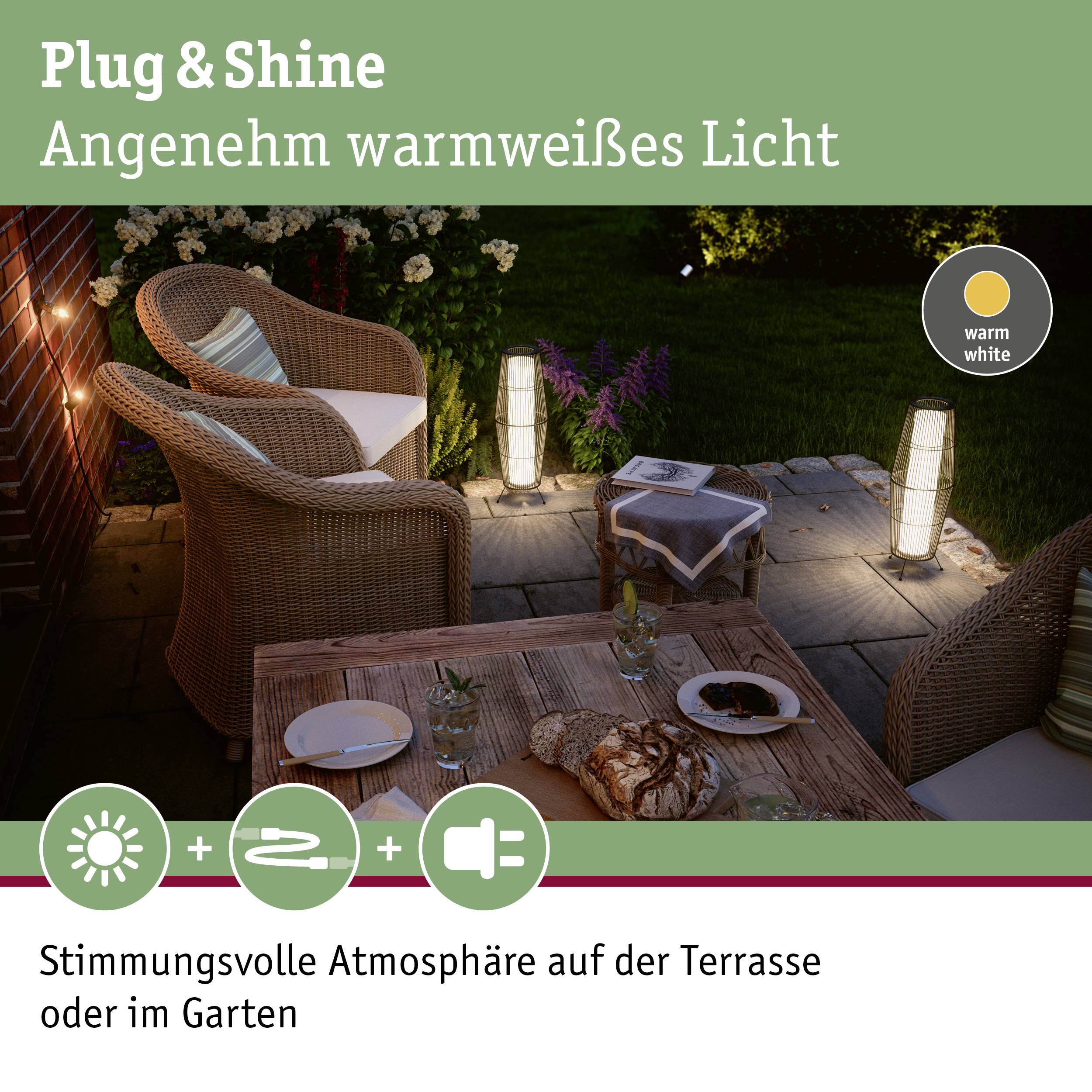 Deux fauteuils sont placés sur une terrasse, éclairés par des lampes à lumière blanche chaude. Texte en haut : 'Plug & Shine - Une lumière blanche chaude agréable'.
