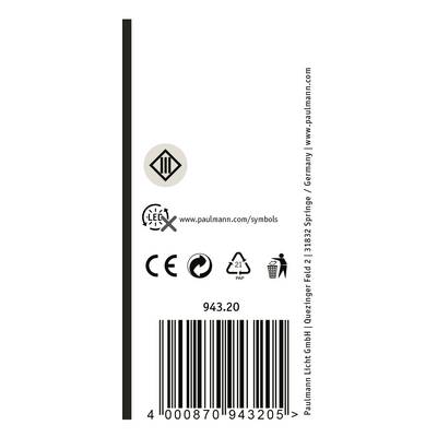 Étiquette de 'Paulmann Licht GmbH' avec code-barres, adresse du fabricant, symboles 'CE' et '21 PAP', ainsi que lien vers les informations produit.
