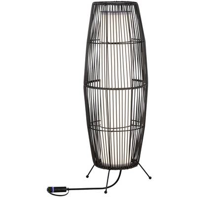 Lampadaire noir en métal de forme allongée, équipé d'un éclairage blanc intégré, reposant sur trois pieds, avec cordon d'alimentation.