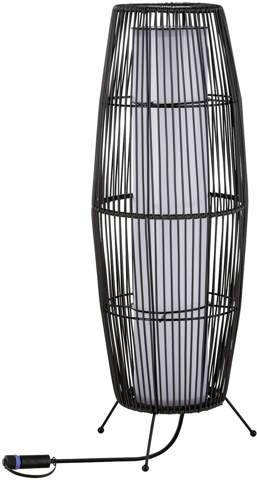 Lampadaire noir avec un abat-jour grillagé moderne en forme de losange, reposant sur trois pieds. Il possède un écran intérieur blanc et un câble d'alimentation.