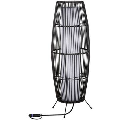 Lampadaire noir avec un abat-jour grillagé moderne en forme de losange, reposant sur trois pieds. Il possède un écran intérieur blanc et un câble d'alimentation.