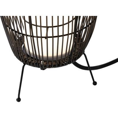 Une lampe de table élégante en métal noir, entourée d'un boîtier en fil noir, reposant sur trois pieds élancés.