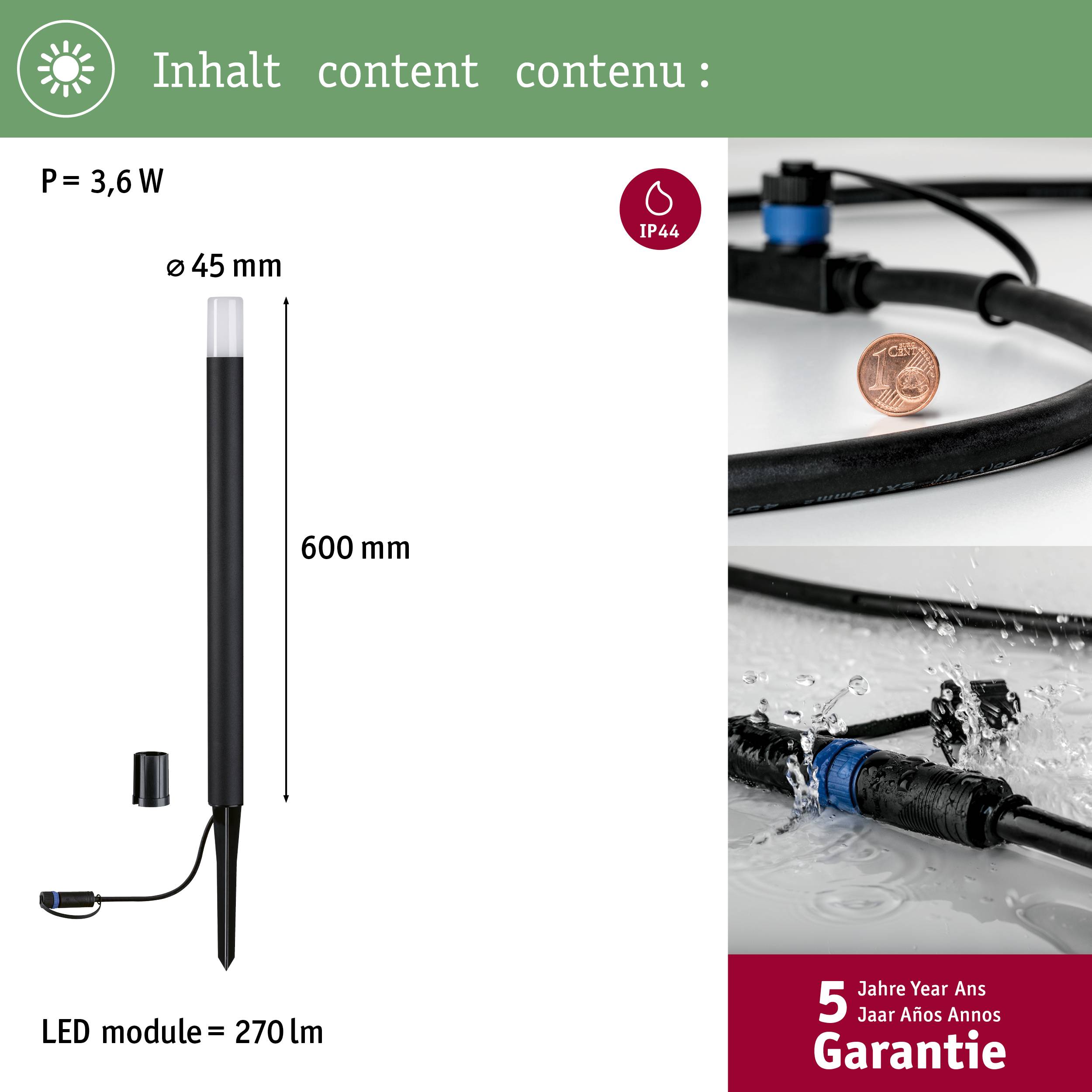 Lampadaire de jardin LED rectangulaire, hauteur de 600 mm, diamètre de 45 mm, 270 lumens, consommation électrique de 3,6 watts. Garantie de 5 ans, protection IP44.