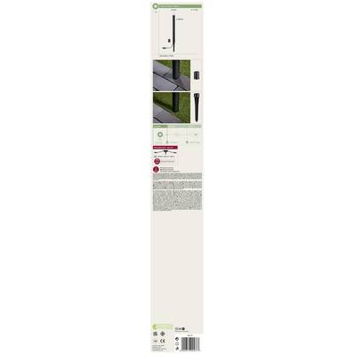 Emballage de produit pour une lampe solaire d'extérieur. Présente les dimensions, les détails d'installation et le logo de la marque. Matériau principal : acier inoxydable.