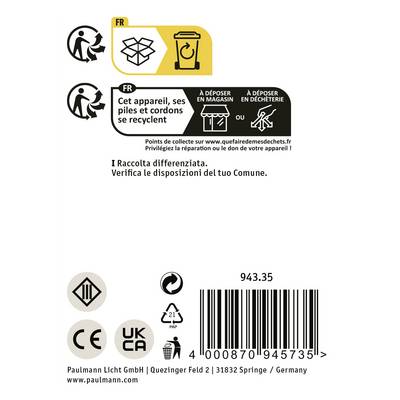 Pictogramme avec instructions pour l'élimination des appareils en France. À éliminer dans un magasin ou une déchetterie conformément aux réglementations municipales. Marquages CE et UKCA présents.