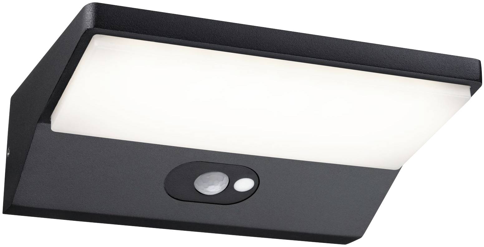 Applique murale LED noire avec détecteur de mouvement, forme rectangulaire, éclairage blanc. Idéale pour les espaces extérieurs.