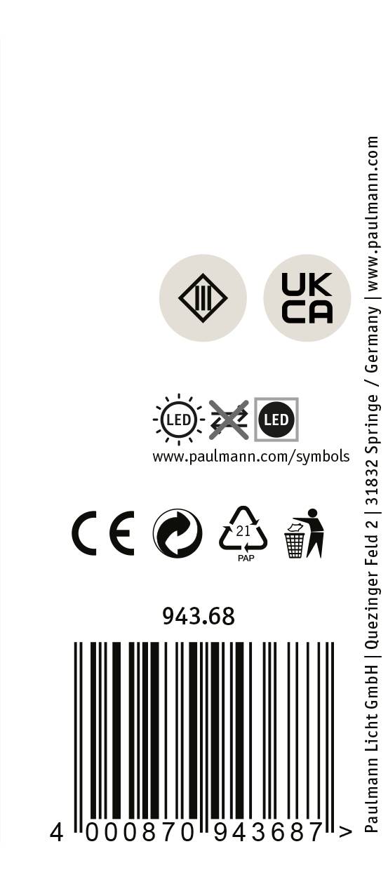 Étiquette d'un produit Paulmann avec des symboles de marquage CE, UKCA, LED, efficacité énergétique et code-barres.