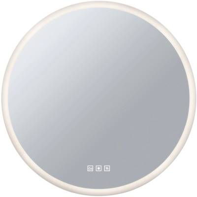 Miroir rond avec cadre lumineux et petits symboles en bas ; adapté aux salles de bains modernes.