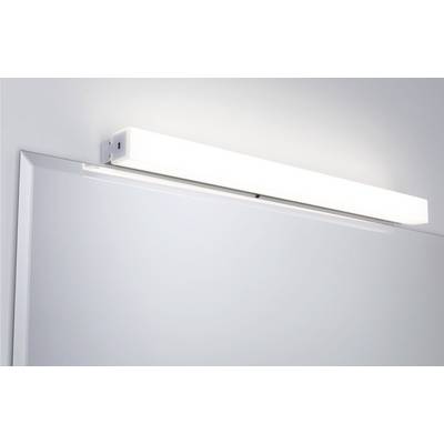 Lampe au-dessus d'un miroir rectangulaire sur un mur gris clair, projetant une lumière uniforme vers le bas sur le miroir.