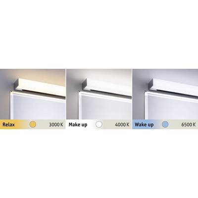 Trois scènes lumineuses d'un miroir avec des températures de couleur différentes : 'Relax' 3000K, 'Make up' 4000K, 'Wake up' 6500K.