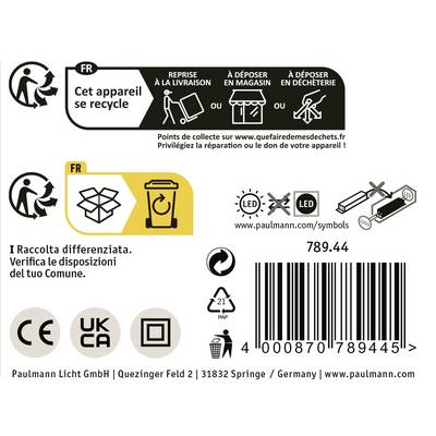 Indications sur l'élimination et le recyclage dans plusieurs langues. Symboles de recyclage, de retour, d'efficacité énergétique et d'avertissement.