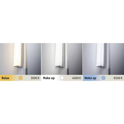 Trois images de lampes murales avec différentes températures de couleur : 'Relax' à 3000 K, 'Make up' à 4000 K et 'Wake up' à 6500 K.