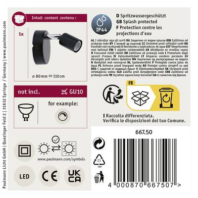 Étiquette d'emballage 'Paulmann Leuchte' : affiche l'image du produit avec ses dimensions, protection contre les projections d'eau IP44, douille GU10, indication de recyclage.
