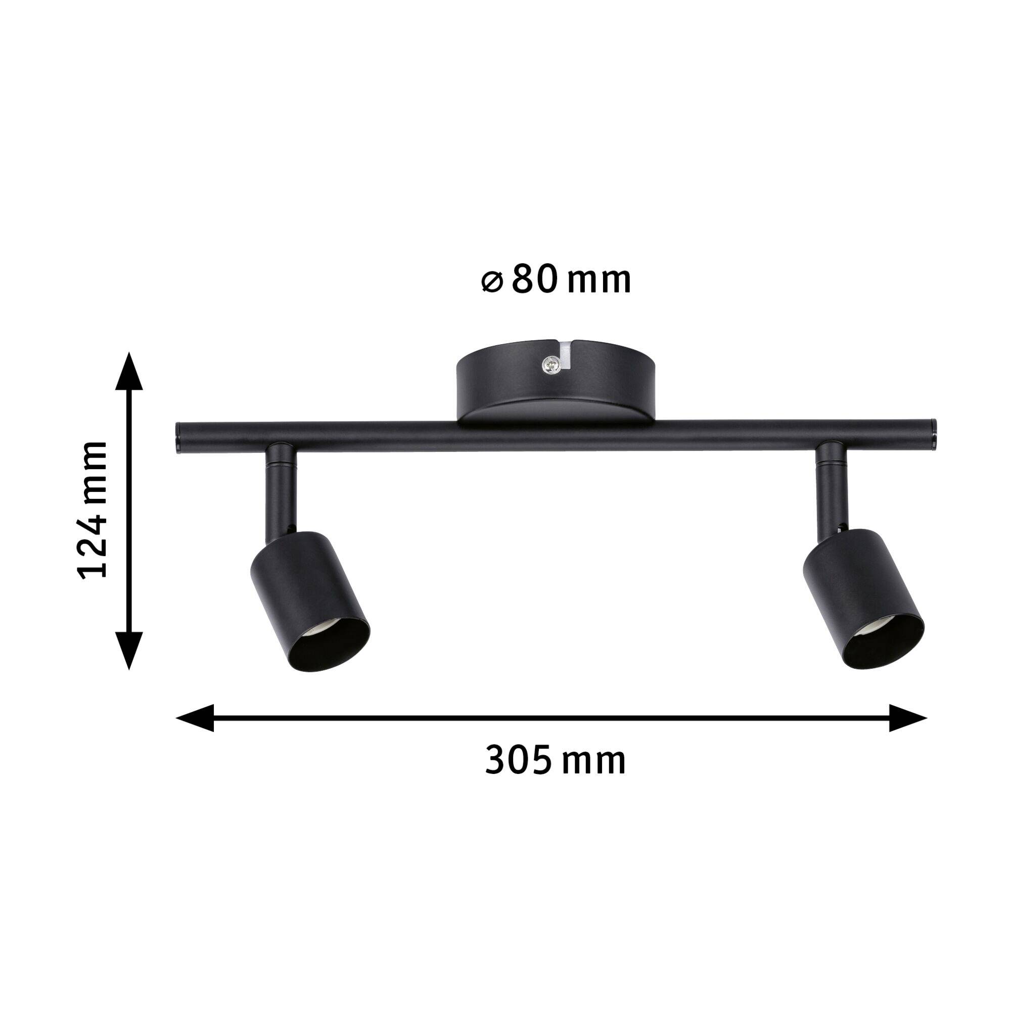 'Plafonnier noir avec deux projecteurs orientables. Dimensions : diamètre 80 mm, hauteur 124 mm, largeur 305 mm.'
