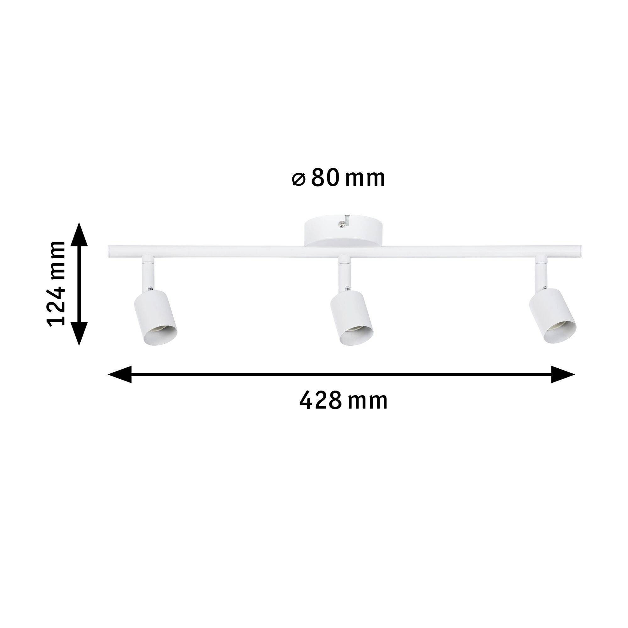 Trois projecteurs cylindriques blancs montés sur une tige, d'une longueur totale de 428 mm, hauteur de 124 mm, diamètre de 80 mm.
