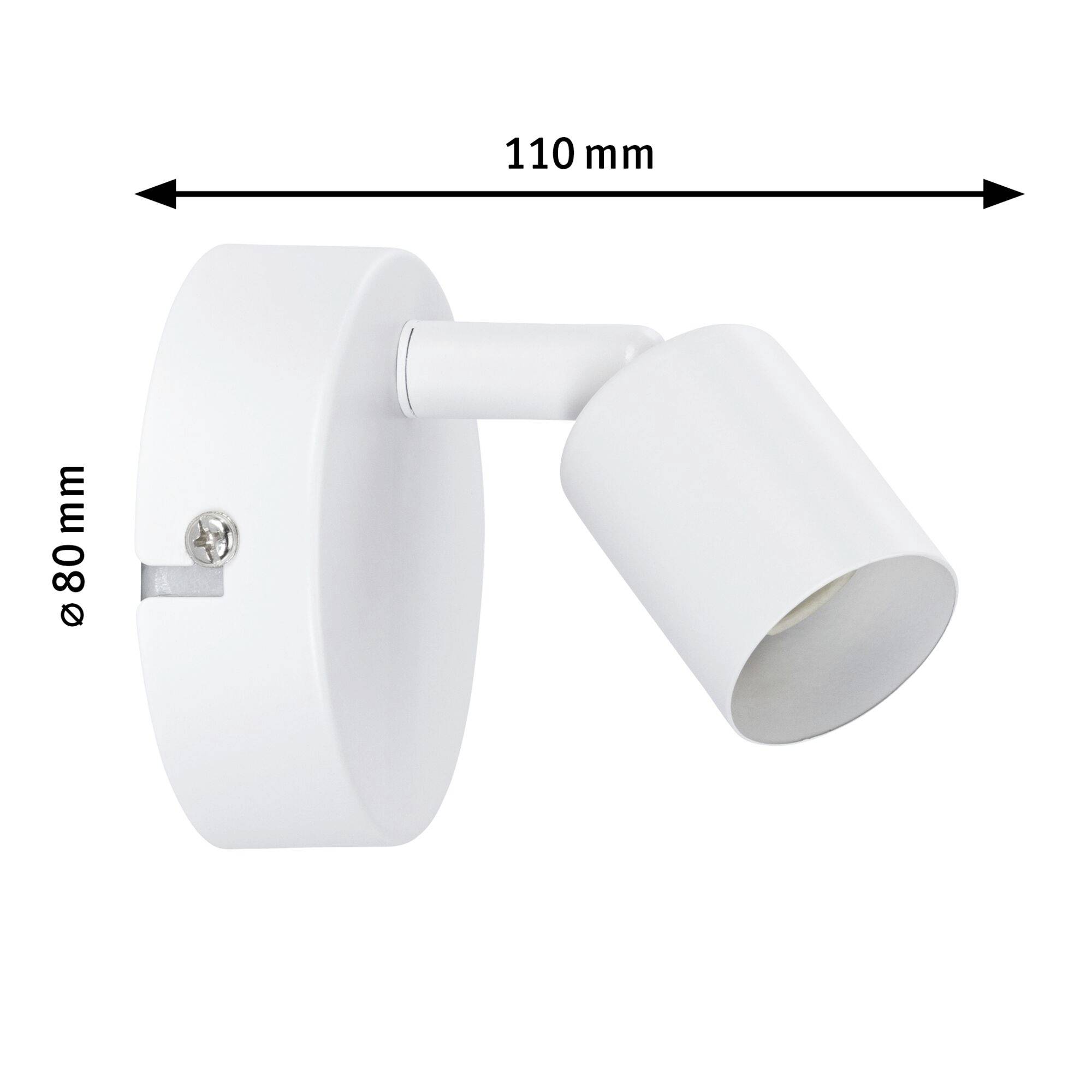 Applique murale blanche avec spot réglable ; dimensions : diamètre 80 mm, longueur 110 mm.