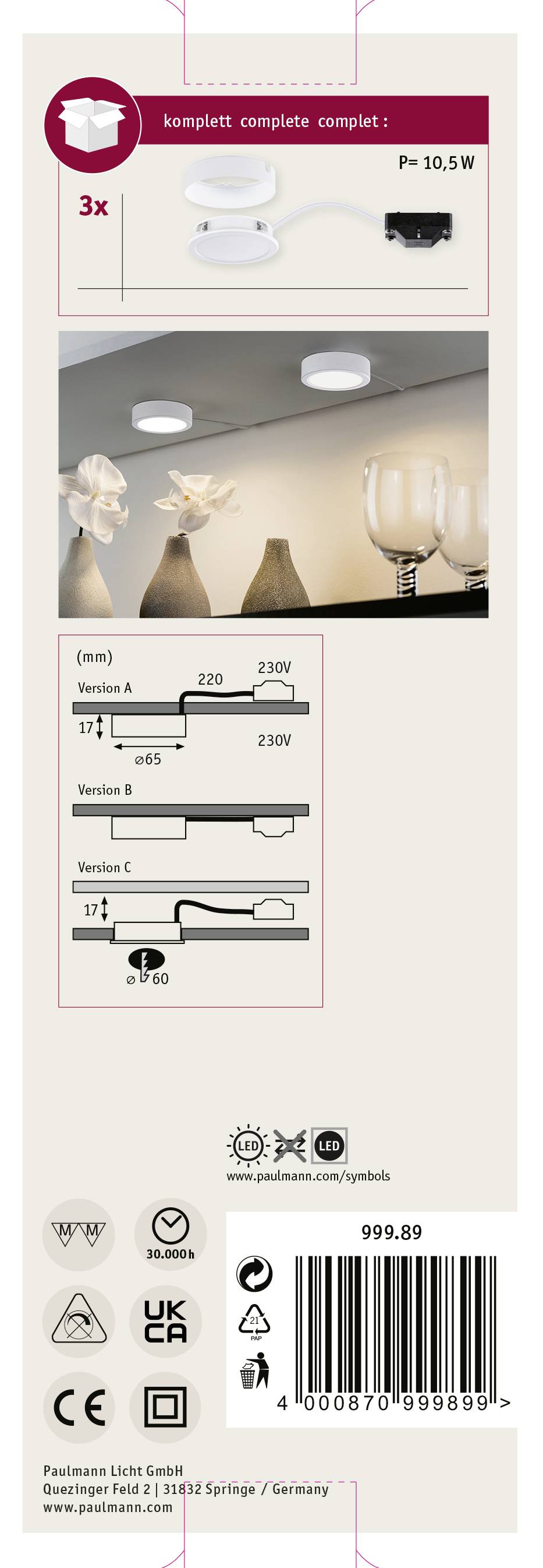 Emballage pour un ensemble de luminaires de plafond à 3 lampes. Comprenant un diagramme avec les dimensions des variantes A et E, et une image des lampes placées au-dessus de vases.