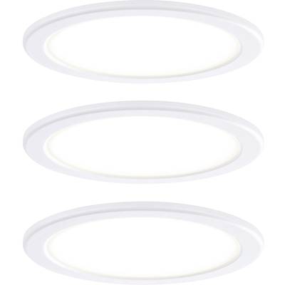 Trois luminaires LED ronds blancs, répartis uniformément, brillent doucement dans un espace neutre.