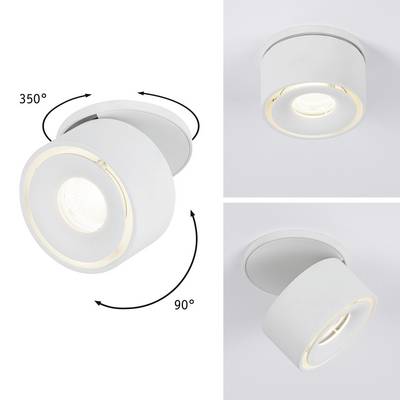 Projecteur avec fonction rotative et orientable. En haut, le projecteur offre une rotation de 350°, en bas, une inclinaison de 90°.
