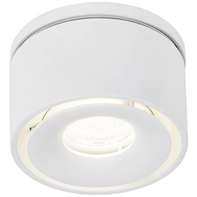 Plafonnier rond blanc avec spot intégré, lumineux.