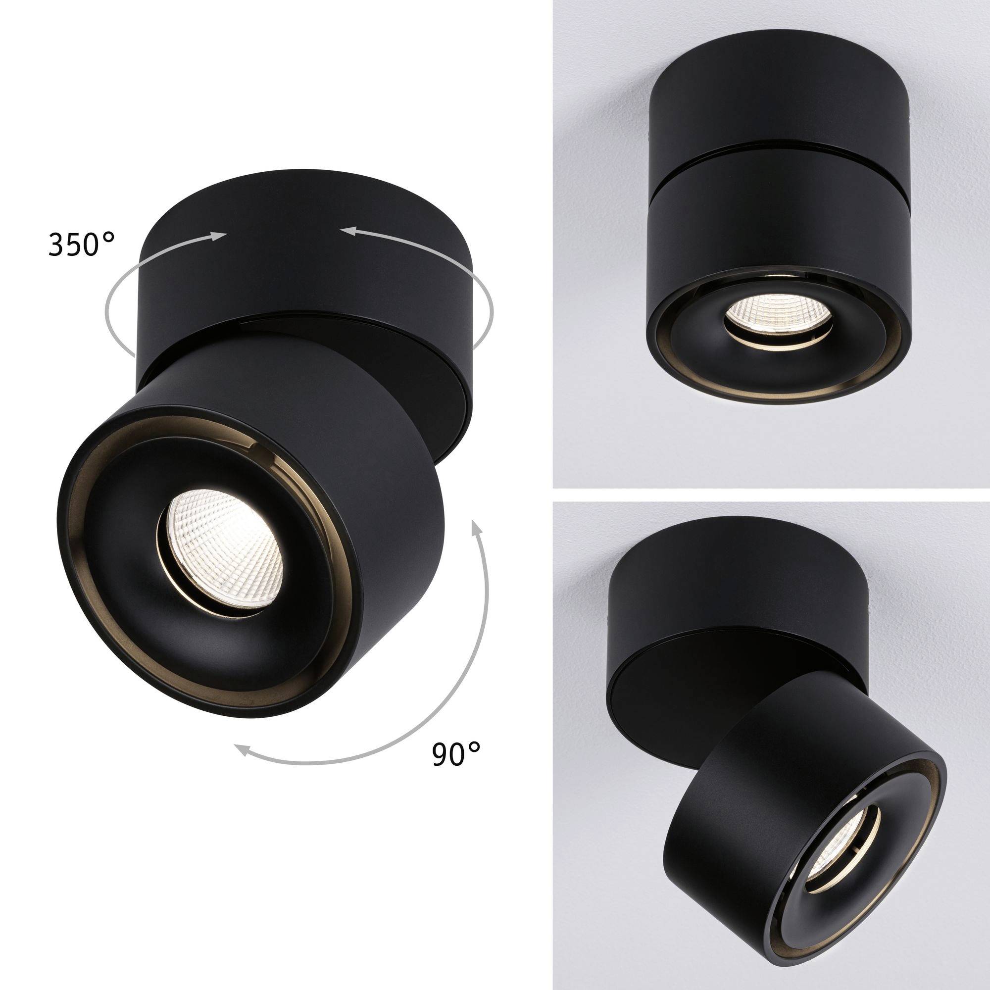 Plafonnier cylindrique noir, pivotant à 90 degrés et rotatif à 350 degrés. Démontre ses possibilités d'installation au mur ou au plafond.
