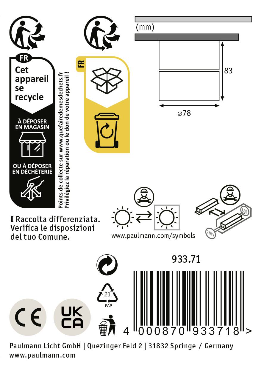 Esquisse technique d'une lampe, indique les dimensions : hauteur 83 mm, diamètre 78 mm. Symboles de recyclage, consignes de sécurité, informations du fabricant.