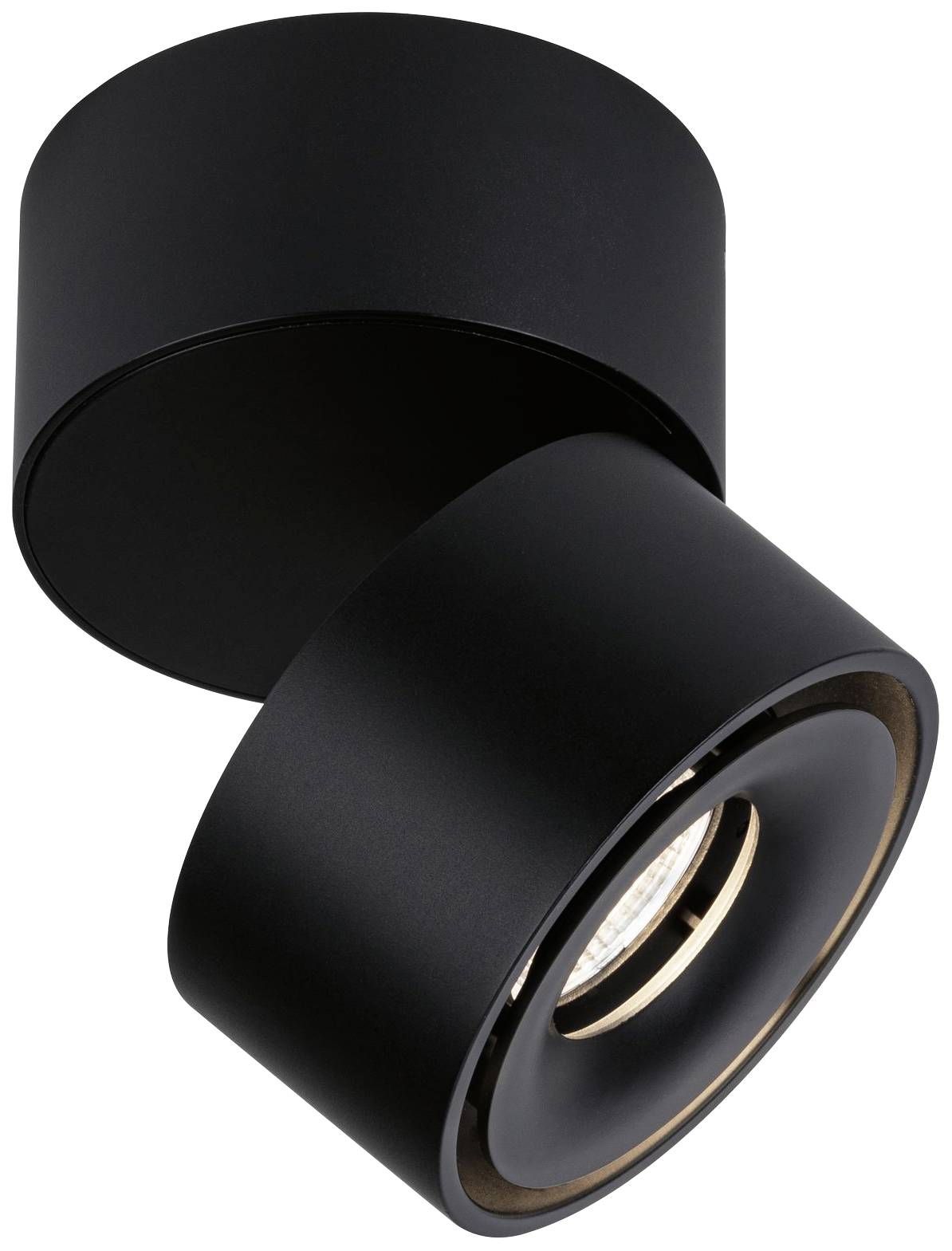 Plafonnier cylindrique noir avec boîtier orientable, design moderne, adapté pour un éclairage ciblé dans les espaces intérieurs.