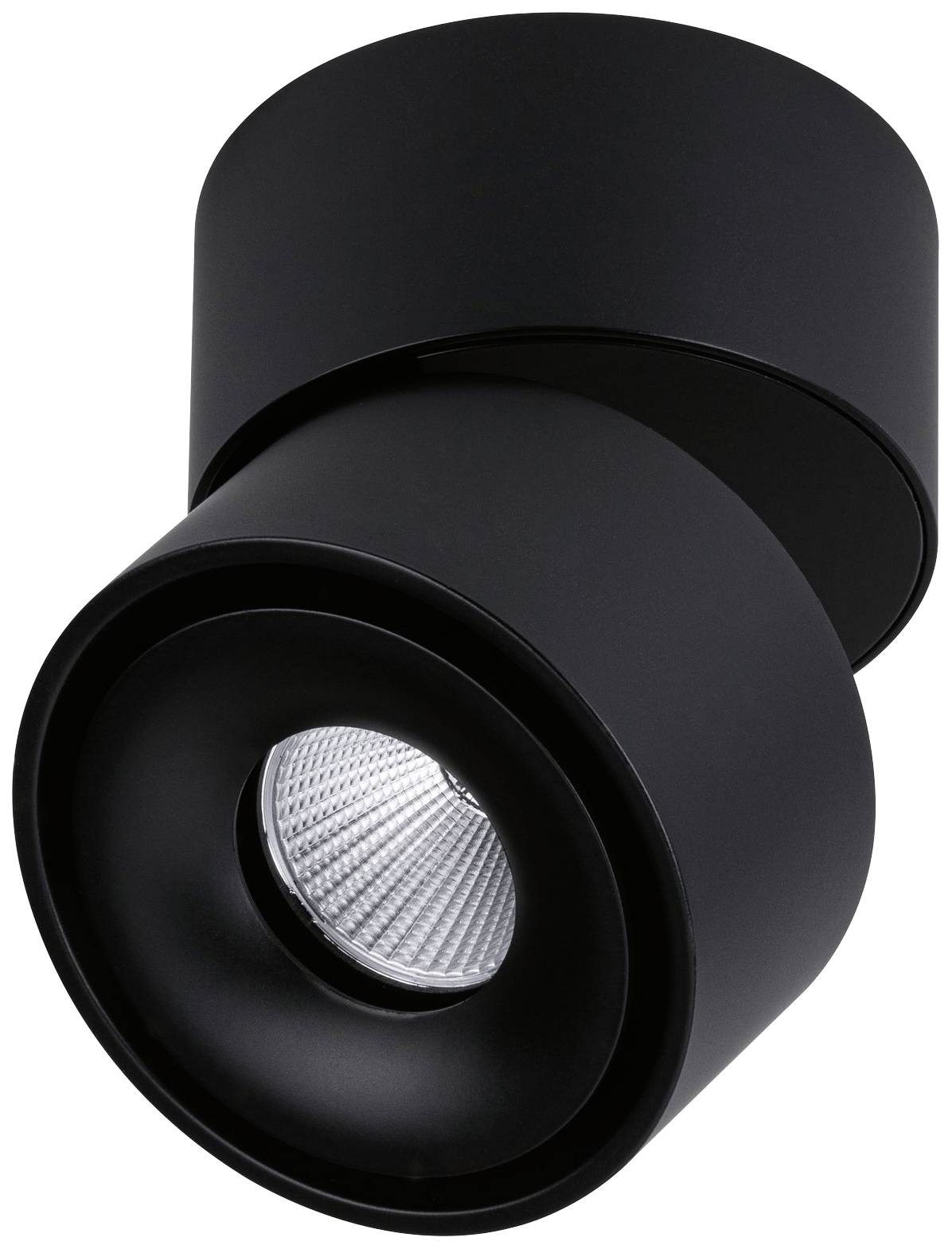 Un projecteur de plafond noir avec un boîtier rond et une source lumineuse focalisée, adapté à l'éclairage ciblé d'une pièce.
