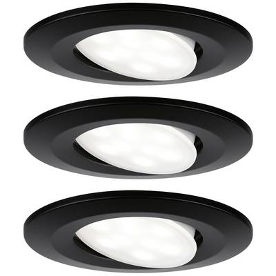 Trois luminaires ronds noirs au design épuré, émettant une lumière blanche et lumineuse.