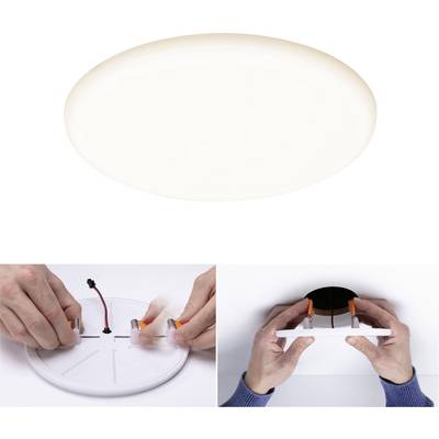 Plafonnier LED rond vu de dessus. Deux images de détail en bas : des mains installent la lampe en connectant et fixant les câbles.
