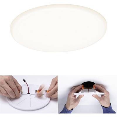 En haut : Plafonnier LED circulaire blanc. En bas à gauche : Mains connectant les câbles à la lampe. En bas à droite : Personne installant la lampe au plafond.