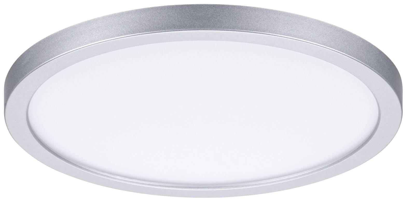 Un luminaire de plafond rond et plat avec un cadre argenté et une zone d'éclairage blanche, adapté pour un éclairage uniforme de la pièce.