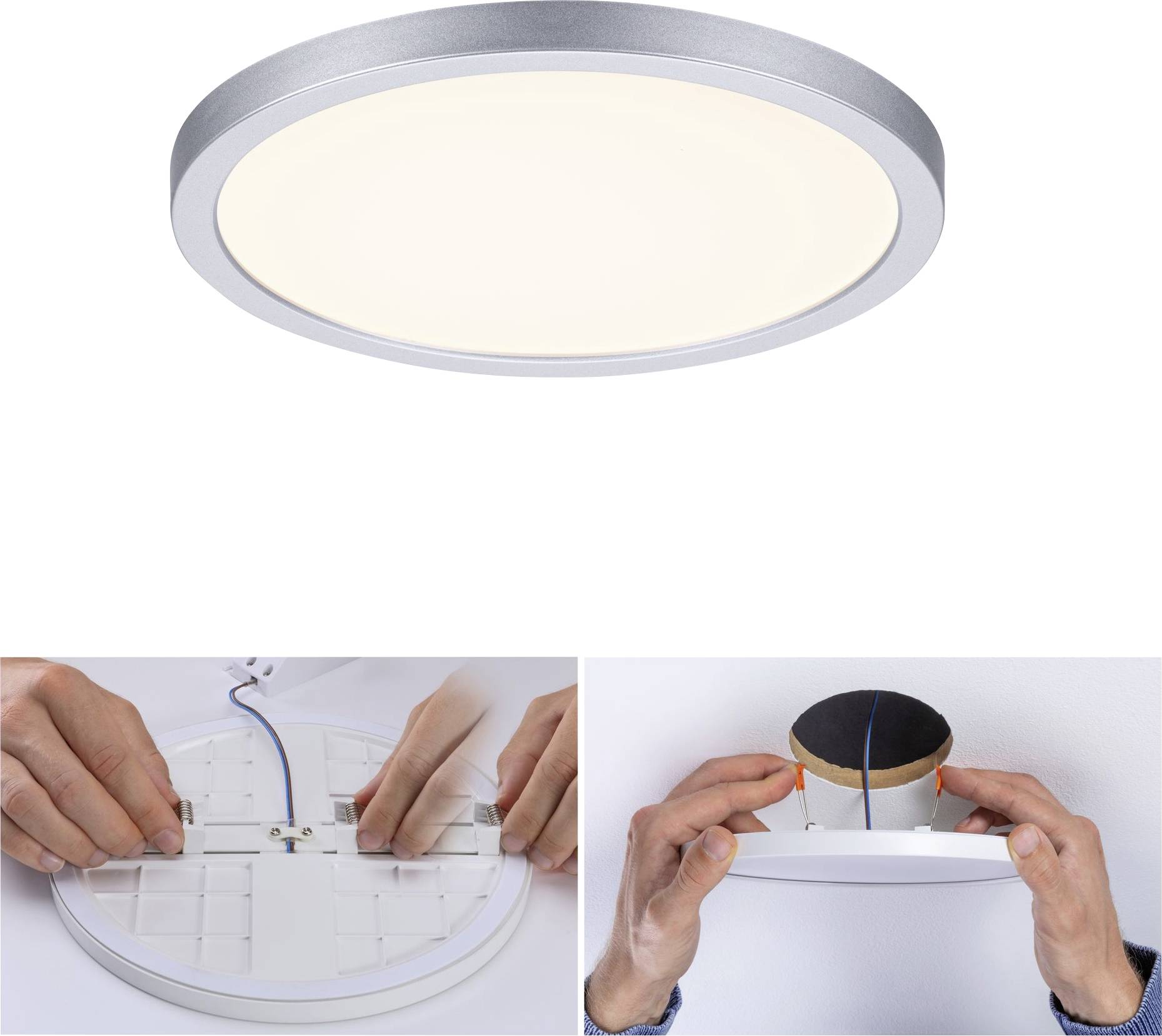 En haut : Plafonnier LED circulaire allumé. En bas à gauche : Des mains branchent le câble. En bas à droite : Des mains installent la lampe au plafond.