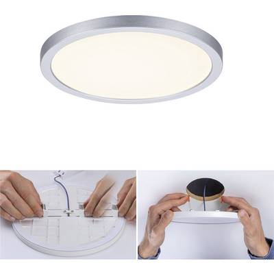 En haut : Plafonnier LED circulaire allumé. En bas à gauche : Des mains branchent le câble. En bas à droite : Des mains installent la lampe au plafond.