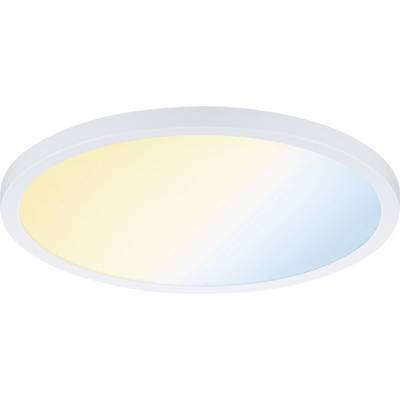 Plafonnier rond à surface lumineuse, avec dégradé de couleur allant du jaune chaud au bleu froid. Design moderne, économe en énergie.