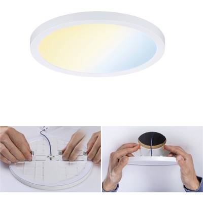 Plafonnier LED rond avec éclairage blanc chaud et blanc froid. L'image ci-dessous montre les étapes de montage au plafond.