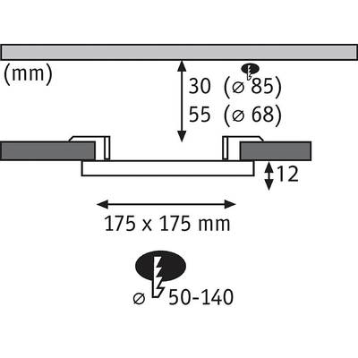 Le diagramme montre les dimensions de montage. Distance du plafond 12 mm, découpe 85/68 mm, espacement 175x175 mm, perçage 50-140 mm.