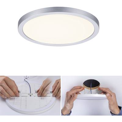 En haut : Un plafonnier circulaire est allumé. En bas à gauche : Des mains branchent les fils de la lampe. En bas à droite : Des mains installent la lampe au plafond.